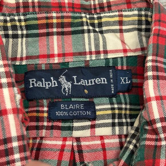 Vintage Y2K Ralph Lauren Blaire Red Green Tartan Plaid Mens XL Button Down Shirt - Picture 4 of 7
